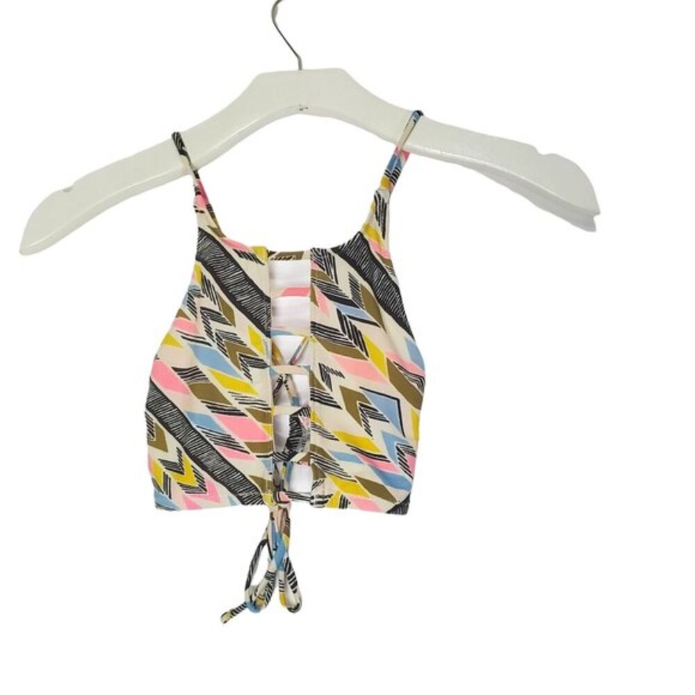Volcom Women Boho Surf Bikini Top XS Multicolor Geometric Lace Up High Neck
